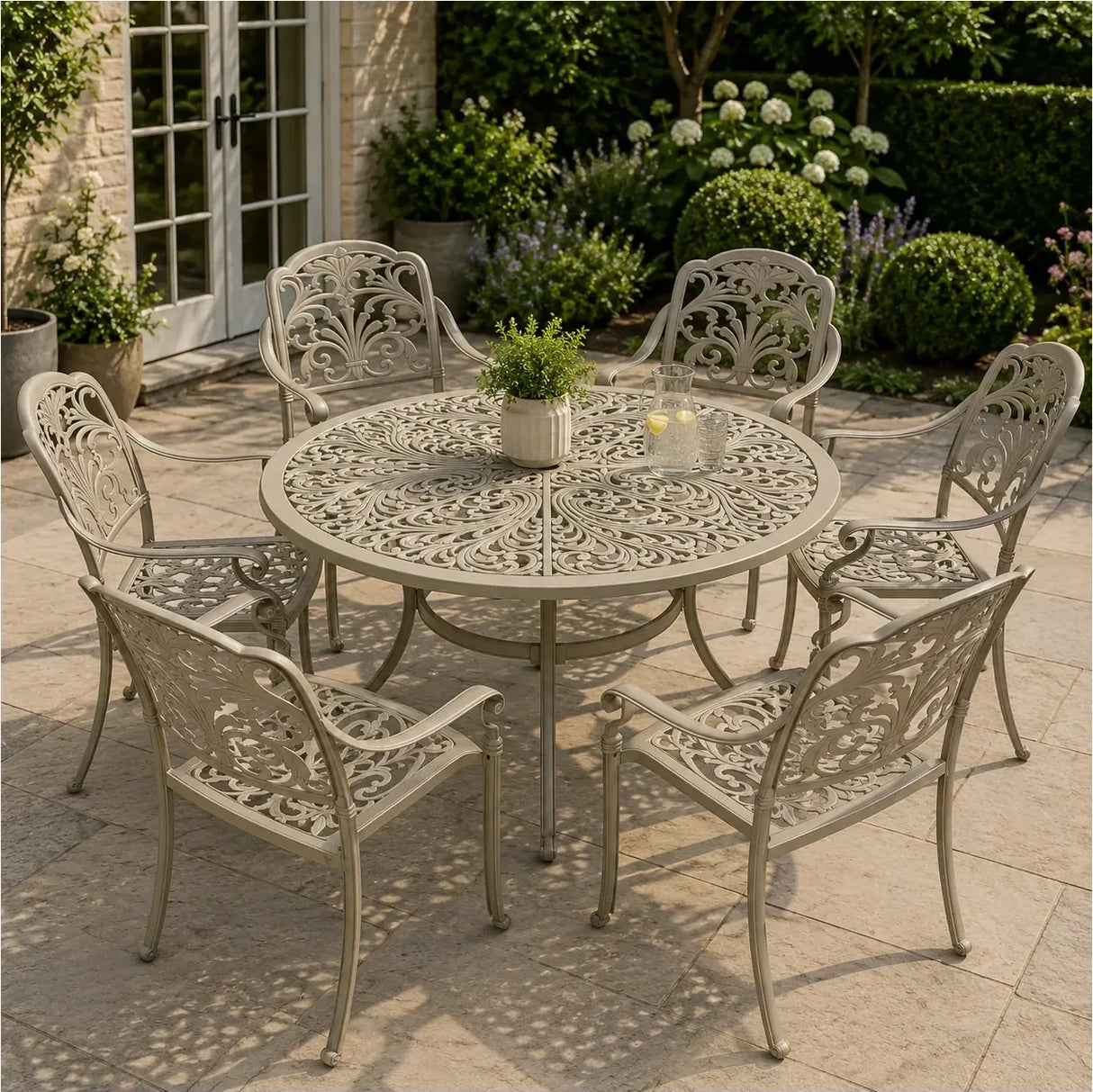 Bramblecrest Venice 6 Seat Round Dining Set with Parasol & Base – Stone