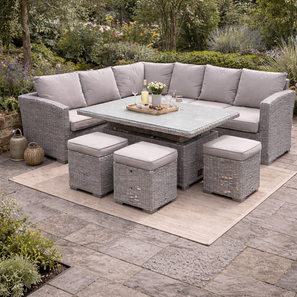 Ashwood Corner Sofa and 3 Stools Rattan Dining Set with Long Table