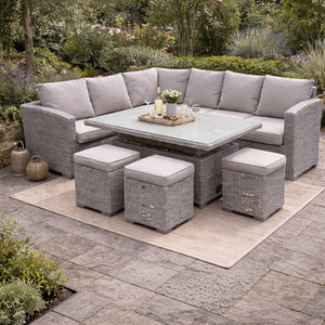 Ashwood Corner Sofa and 3 Stools Rattan Dining Set with Long Table