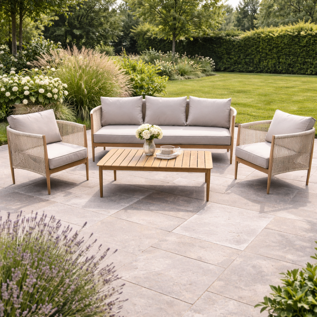 Ridgeway Sofa, Stools and Square Slat Coffee Table Set