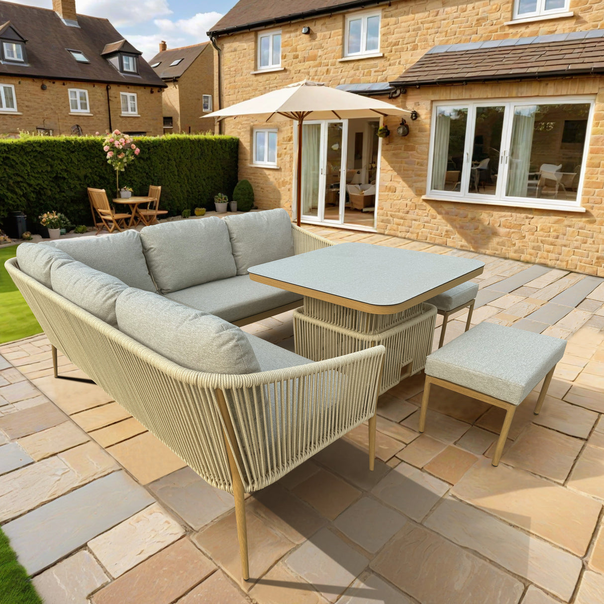Beacon Corner Sofa and 2 Stools Dining Set with Square Table