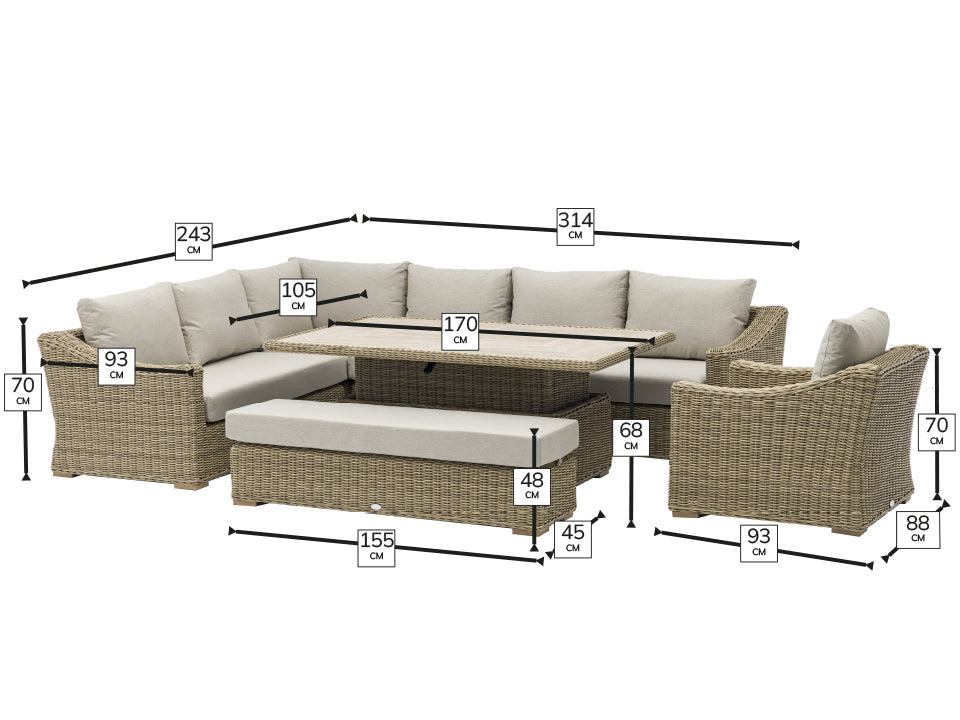 Bramblecrest Fairford L-Shape Corner Sofa Set with Adjustable Table, Bench & Chair