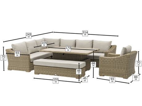Bramblecrest Fairford L-Shape Corner Sofa Set with Adjustable Table, Bench & Chair