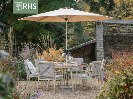 Bramblecrest Wisley 6 Seat Elliptical Dining Set with Parasol & Base – Mocha