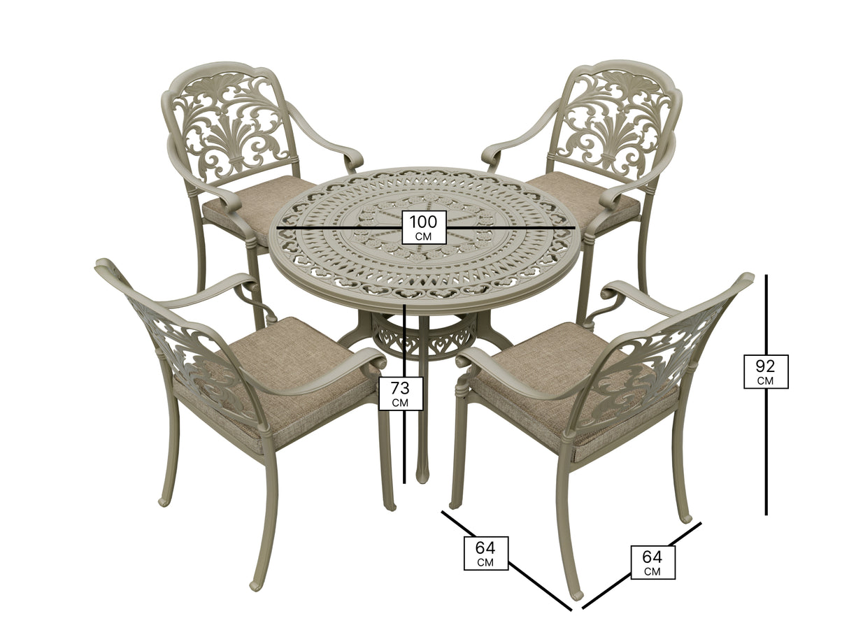 Bramblecrest Venice 4 Seat Round Dining Set with Parasol & Base – Stone