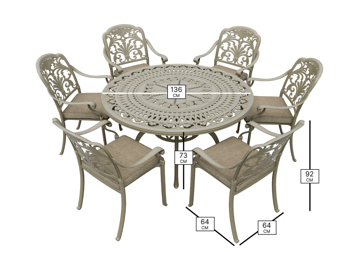 Bramblecrest Venice 6 Seat Round Dining Set with Parasol & Base – Stone