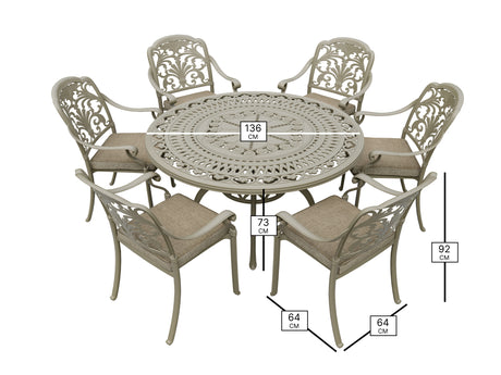 Bramblecrest Venice 6 Seat Round Dining Set with Parasol & Base – Stone