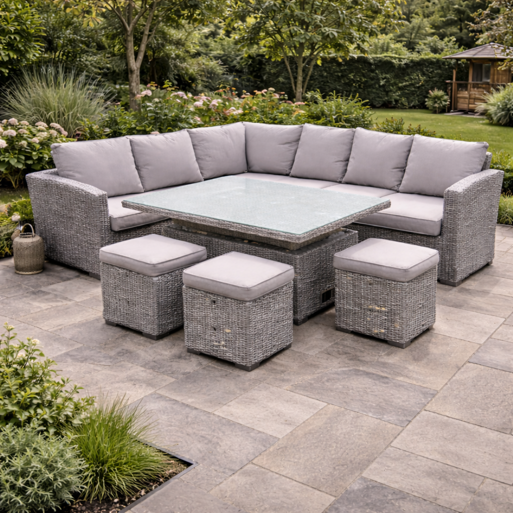 Ashwood Corner Sofa and 3 Stools Rattan Dining Set with Long Table