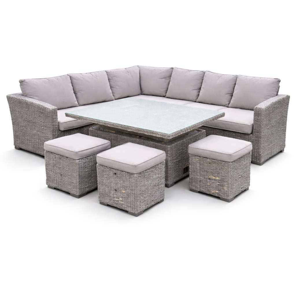 Ashwood Corner Sofa and 3 Stools Rattan Dining Set with Long Table