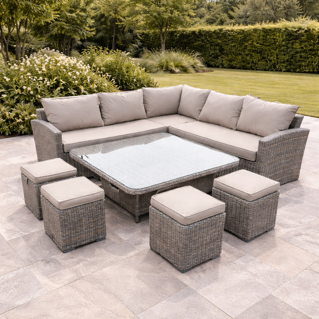 Hampden Corner Sofa and 4 Stools Rattan Dining Set with Square Table
