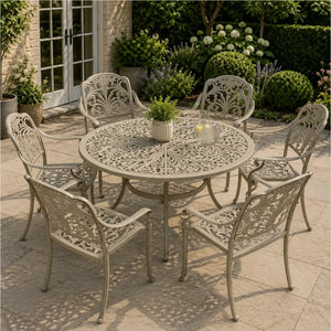 Bramblecrest Venice 6 Seat Round Dining Set with Parasol & Base – Stone